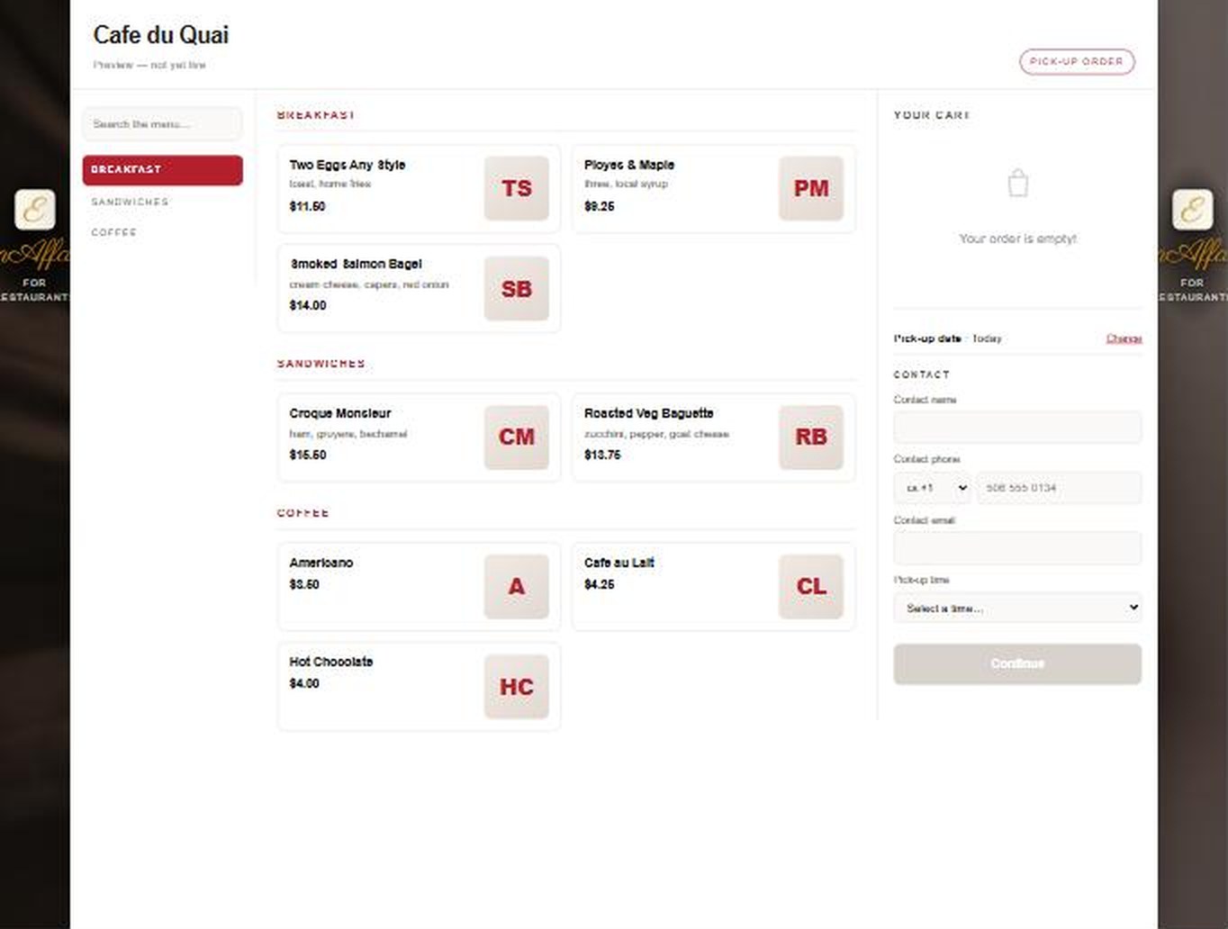 Un menu de caf&eacute; rendu comme page de commande EnAffaire