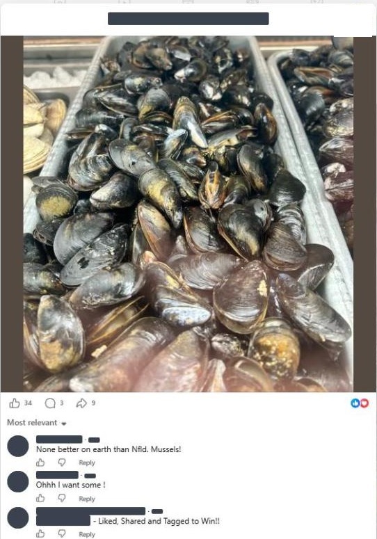 A fish market&rsquo;s post of fresh mussels, with 34 reactions and 9 shares.