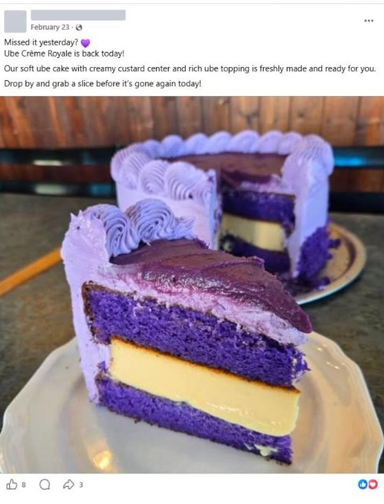 A bakery&rsquo;s post bringing yesterday&rsquo;s special back, opening with &ldquo;Missed it yesterday?&rdquo;.