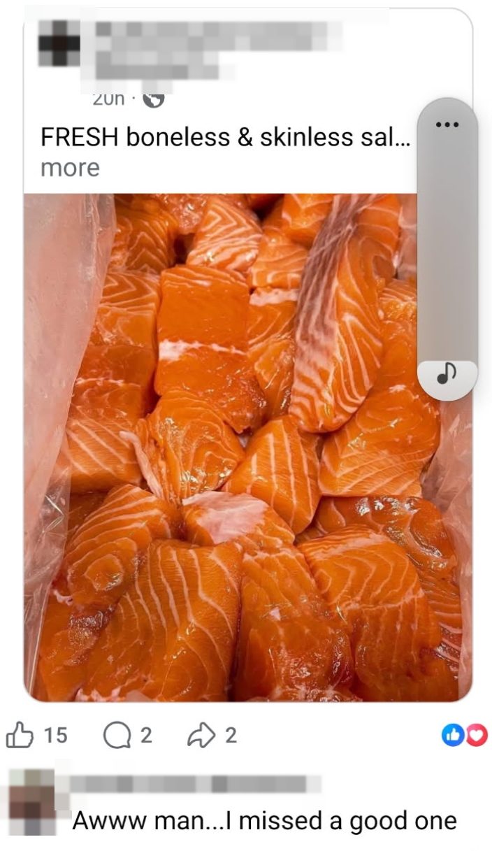A shop&rsquo;s Facebook post of fresh salmon, with a comment saying they missed it.