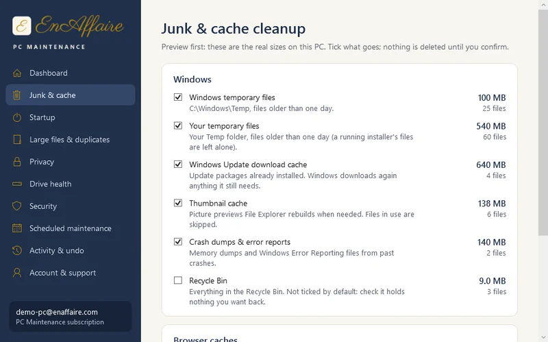 Junk and cache cleanup preview with the size and file count of each category and checkboxes