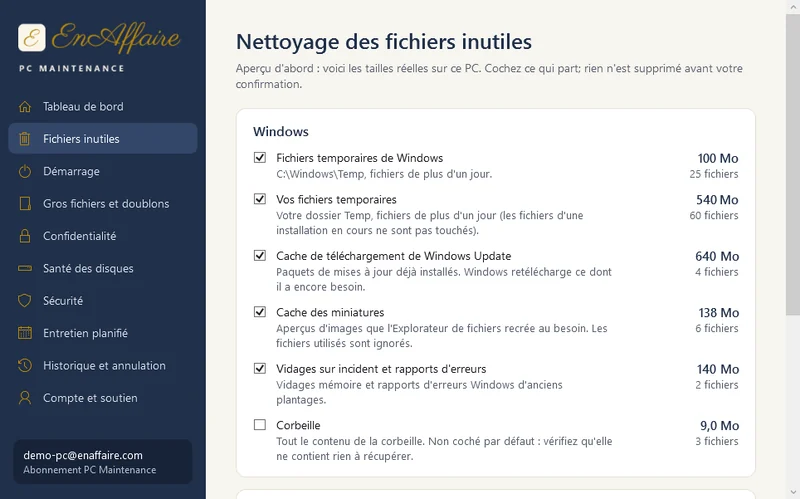 Aper&ccedil;u du nettoyage avec la taille et le nombre de fichiers de chaque cat&eacute;gorie et des cases &agrave; cocher