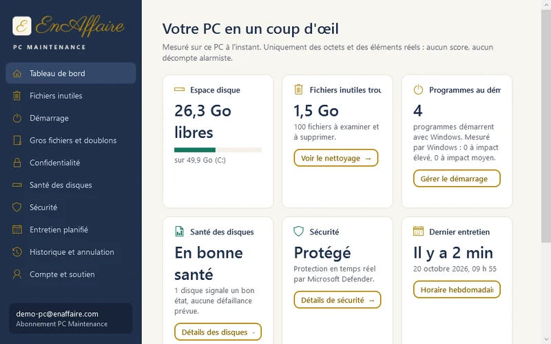 Tableau de bord d&rsquo;EnAffaire PC Maintenance pour Windows avec l&rsquo;espace libre, les fichiers inutiles, le d&eacute;marrage, la sant&eacute; des disques et la s&eacute;curit&eacute;