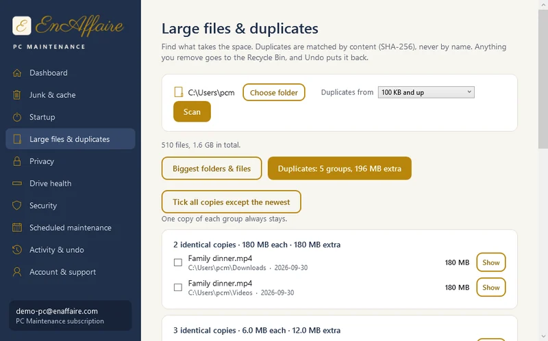 Duplicate file finder showing groups of identical files with the space each extra copy takes